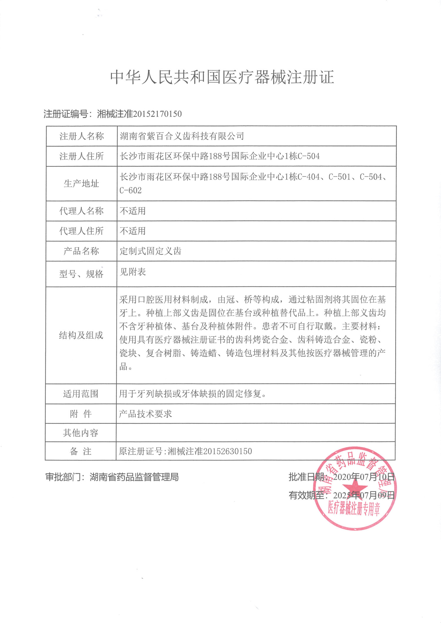 定制式固定义齿注册证